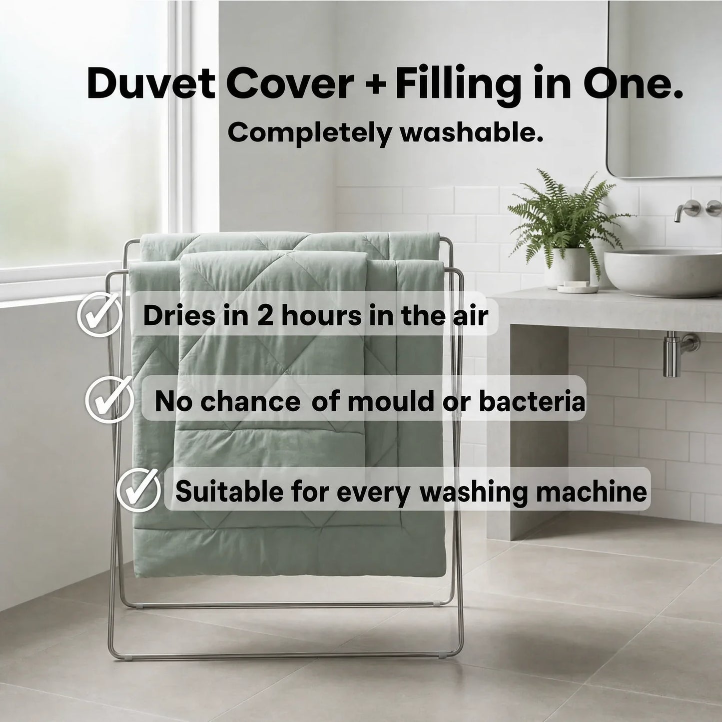 EasySleep® Duvet – The 2-in-1 quick-dry duvet that eliminates the need for bed sheets.