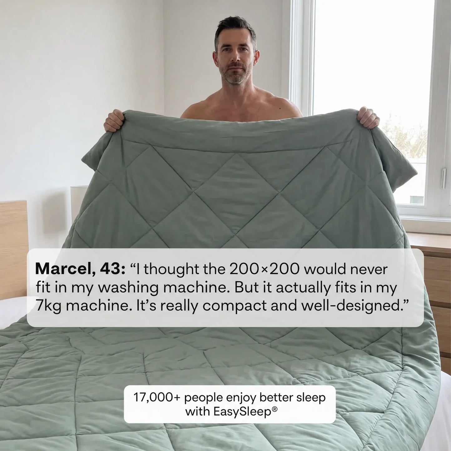 EasySleep® Duvet – The 2-in-1 quick-dry duvet that eliminates the need for bed sheets.